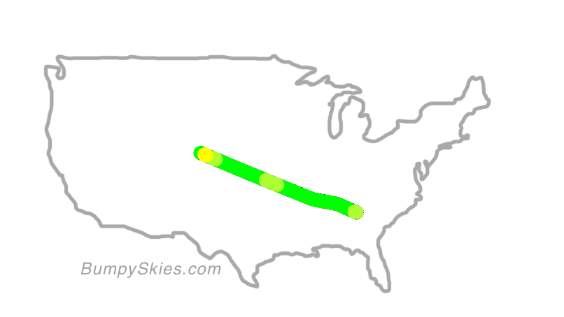 Map of continental US with illustrated flight path and turbulence forecast (described in text below)