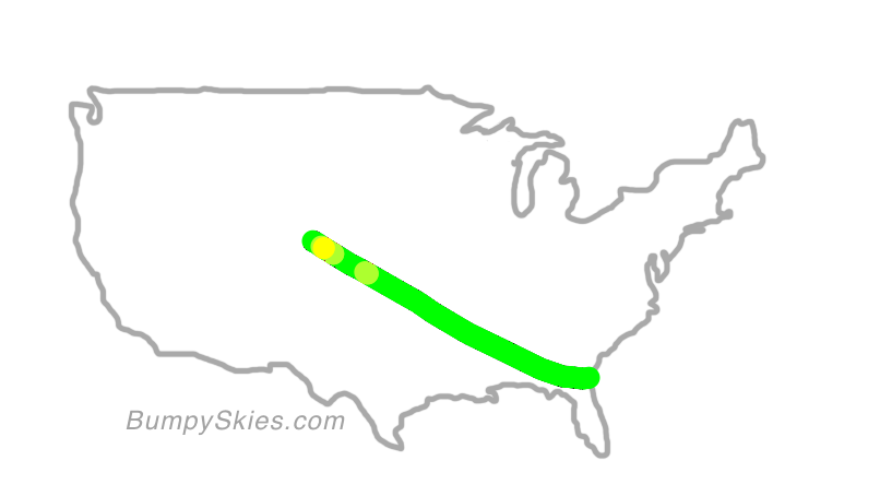 Map of continental US with illustrated flight path and turbulence forecast (described in text below)
