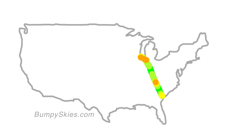 Map of continental US with illustrated flight path and turbulence forecast (described in text below)