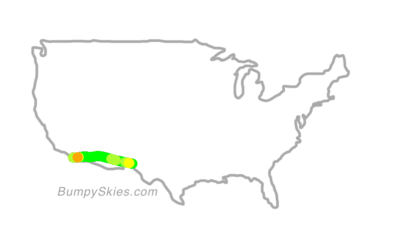 Map of continental US with illustrated flight path and turbulence forecast (described in text below)