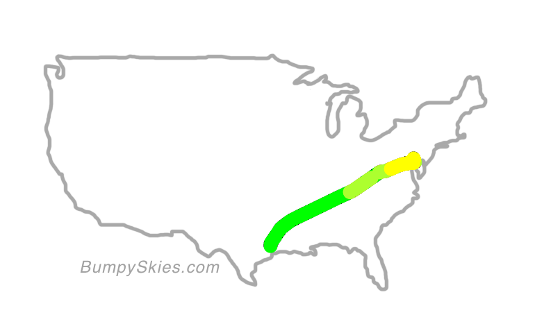 Map of continental US with illustrated flight path and turbulence forecast (described in text below)