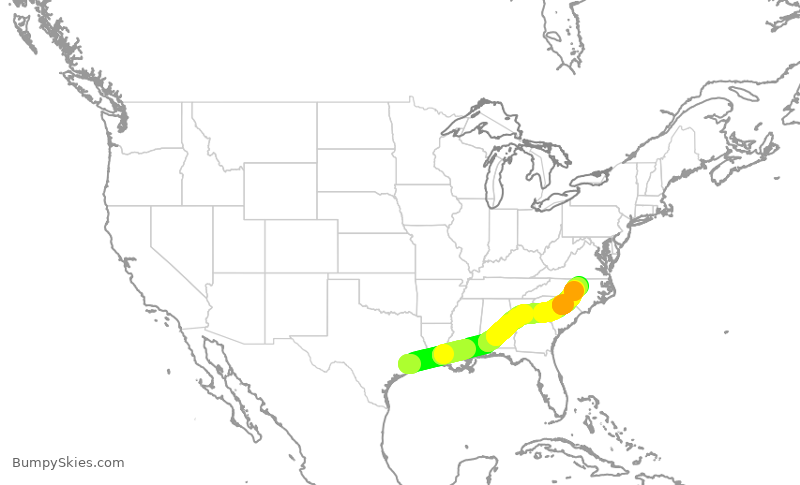 Turbulence forecast map for SWA3131, HOU to RDU