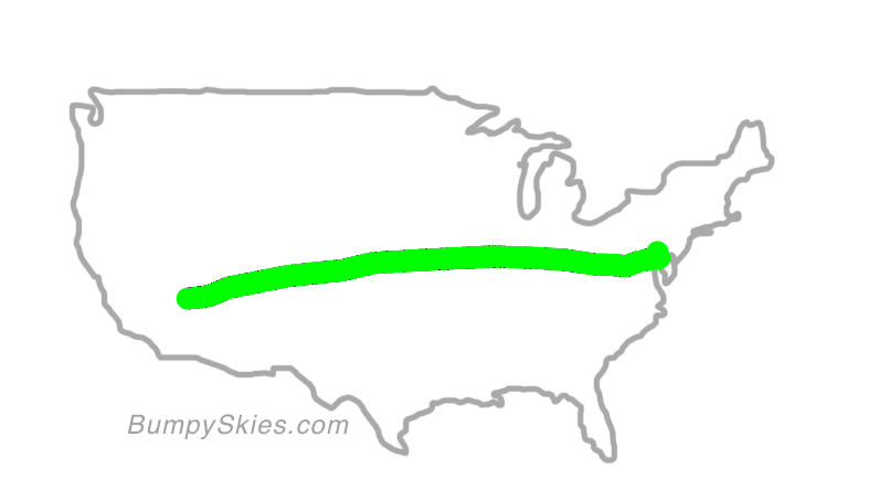 Map of continental US with illustrated flight path and turbulence forecast (described in text below)