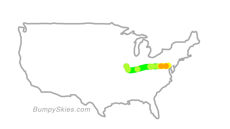 Map of continental US with illustrated flight path and turbulence forecast (described in text below)