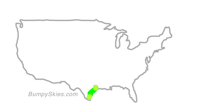 Map of continental US with illustrated flight path and turbulence forecast (described in text below)