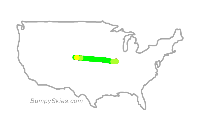 Map of continental US with illustrated flight path and turbulence forecast (described in text below)