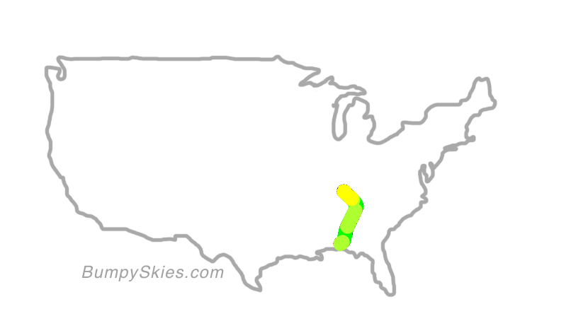 Map of continental US with illustrated flight path and turbulence forecast (described in text below)