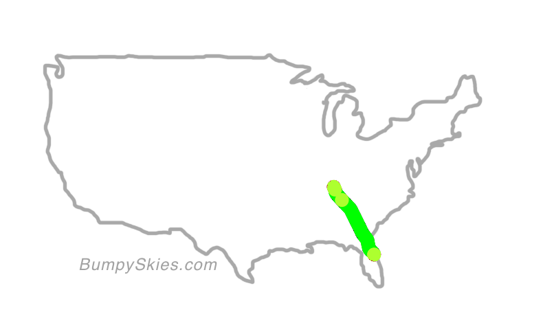 Map of continental US with illustrated flight path and turbulence forecast (described in text below)