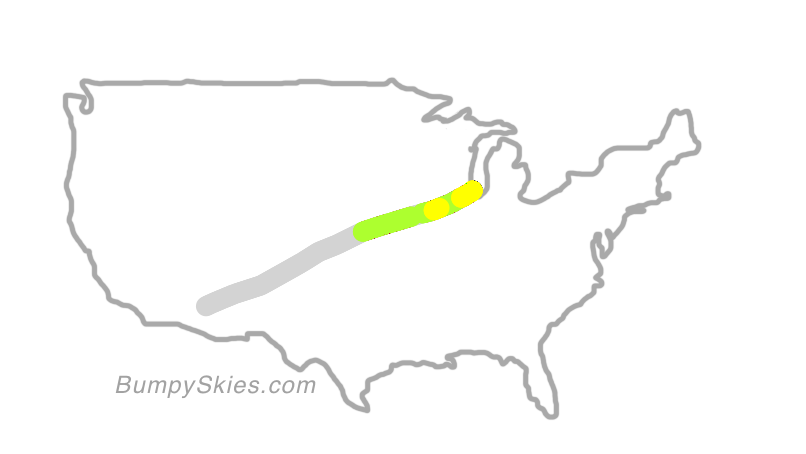 Map of continental US with illustrated flight path and turbulence forecast (described in text below)