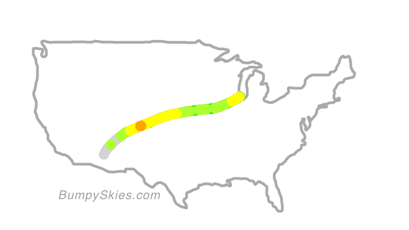 Map of continental US with illustrated flight path and turbulence forecast (described in text below)