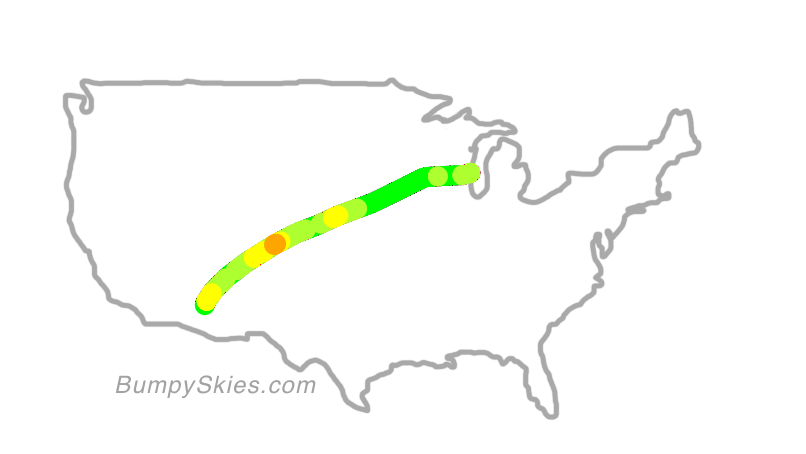 Map of continental US with illustrated flight path and turbulence forecast (described in text below)