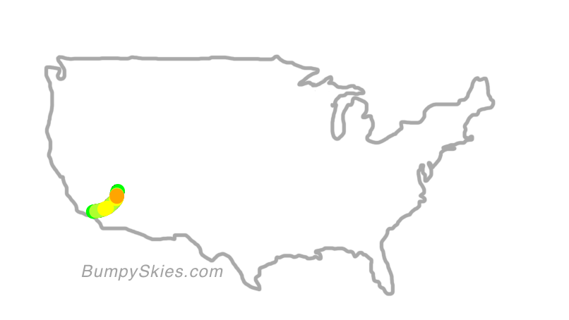 Map of continental US with illustrated flight path and turbulence forecast (described in text below)