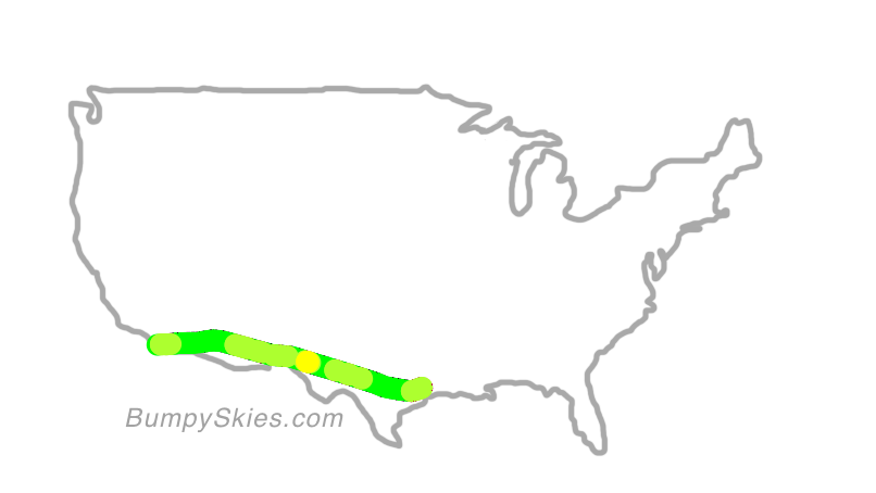 Map of continental US with illustrated flight path and turbulence forecast (described in text below)