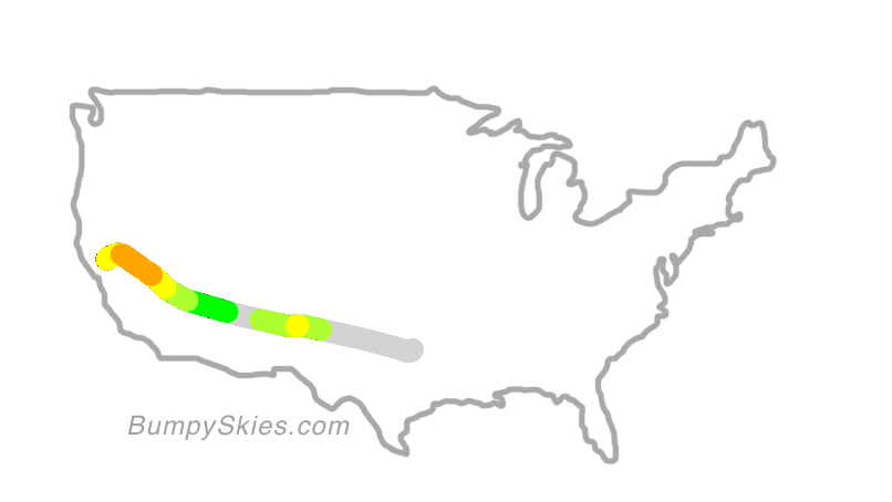 Map of continental US with illustrated flight path and turbulence forecast (described in text below)