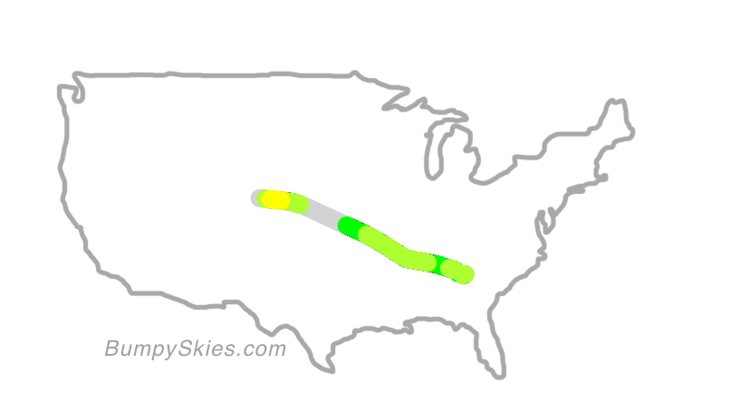 Map of continental US with illustrated flight path and turbulence forecast (described in text below)