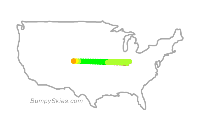 Map of continental US with illustrated flight path and turbulence forecast (described in text below)