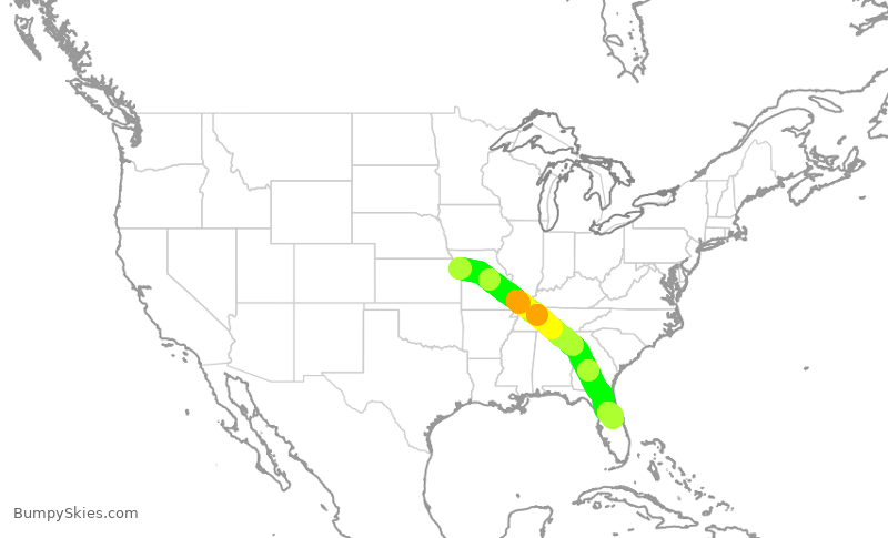 Turbulence forecast map for SWA3238, MCI to MCO