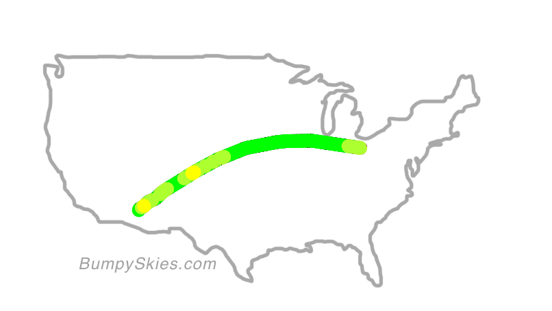 Map of continental US with illustrated flight path and turbulence forecast (described in text below)