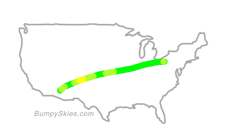 Map of continental US with illustrated flight path and turbulence forecast (described in text below)