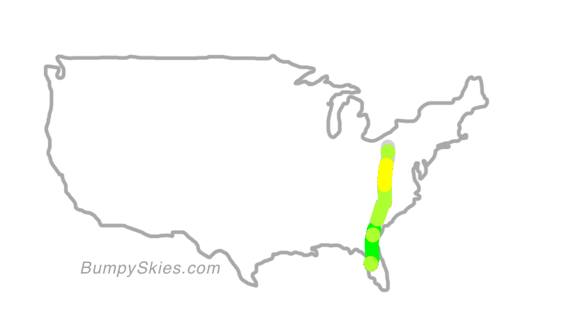 Map of continental US with illustrated flight path and turbulence forecast (described in text below)