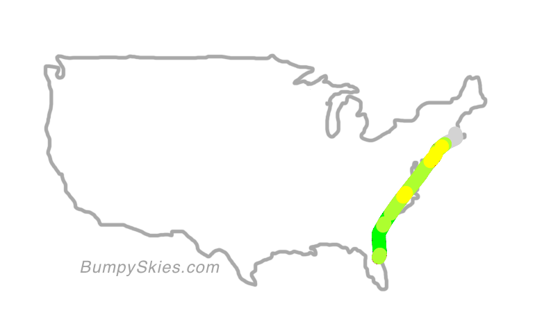 Map of continental US with illustrated flight path and turbulence forecast (described in text below)