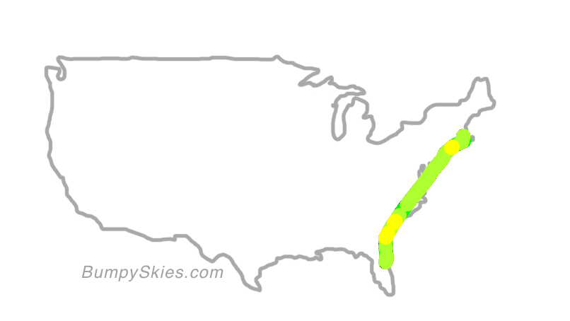 Map of continental US with illustrated flight path and turbulence forecast (described in text below)