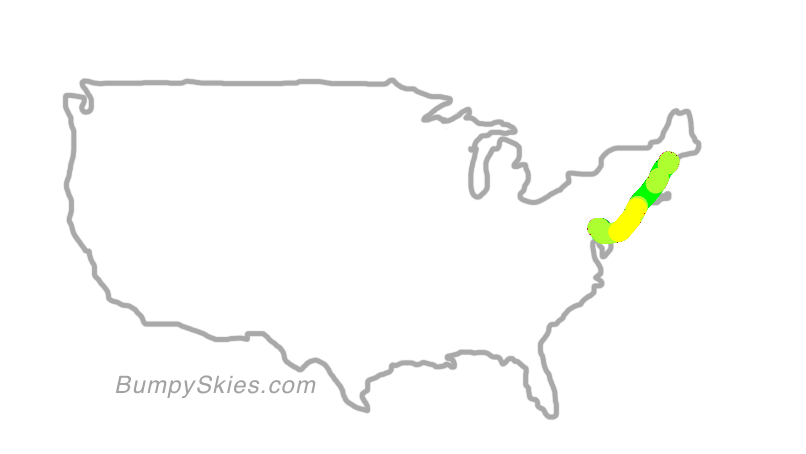 Map of continental US with illustrated flight path and turbulence forecast (described in text below)