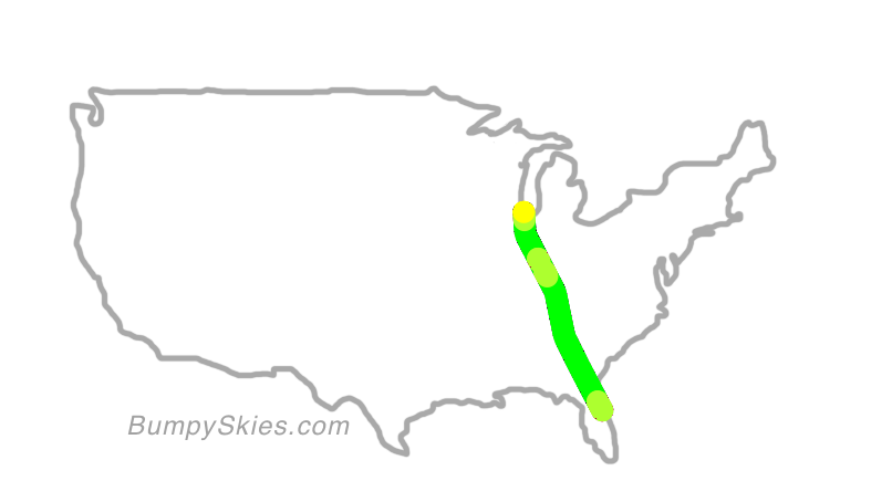 Map of continental US with illustrated flight path and turbulence forecast (described in text below)