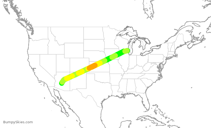 Turbulence forecast map for SWA3300, PHX to MKE