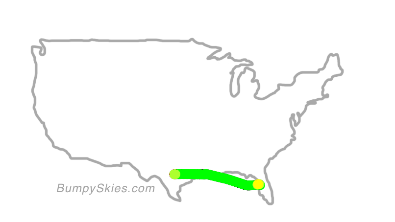Map of continental US with illustrated flight path and turbulence forecast (described in text below)