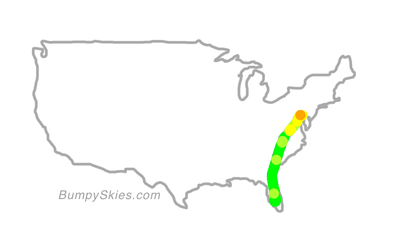 Map of continental US with illustrated flight path and turbulence forecast (described in text below)