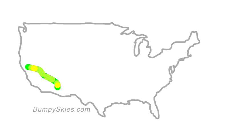 Map of continental US with illustrated flight path and turbulence forecast (described in text below)