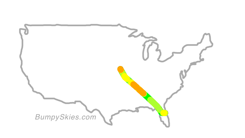 Map of continental US with illustrated flight path and turbulence forecast (described in text below)