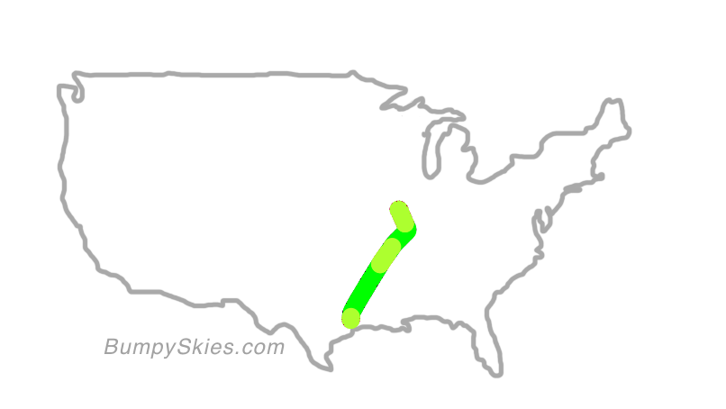 Map of continental US with illustrated flight path and turbulence forecast (described in text below)