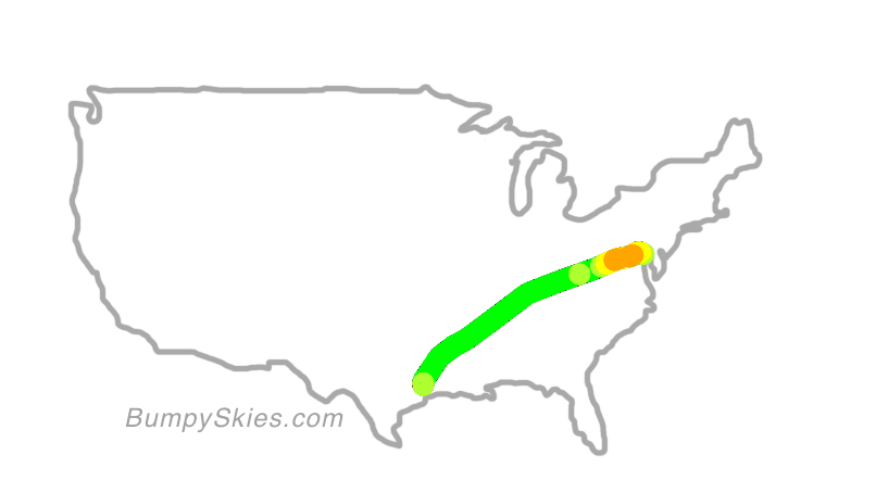 Map of continental US with illustrated flight path and turbulence forecast (described in text below)