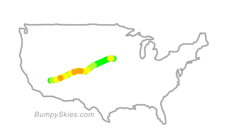 Map of continental US with illustrated flight path and turbulence forecast (described in text below)