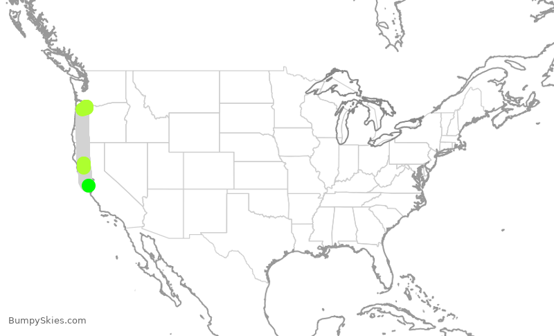 Turbulence forecast map for SWA3328, PDX to SJC