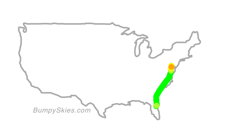 Map of continental US with illustrated flight path and turbulence forecast (described in text below)