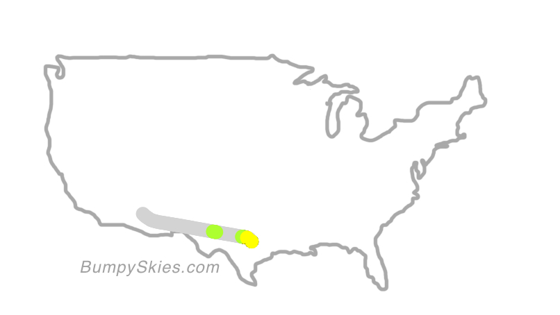 Map of continental US with illustrated flight path and turbulence forecast (described in text below)