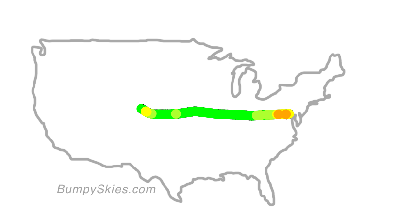 Map of continental US with illustrated flight path and turbulence forecast (described in text below)