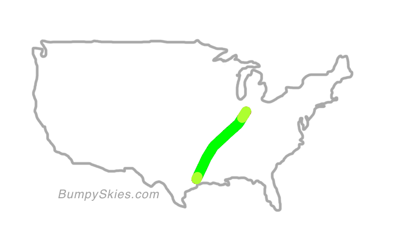 Map of continental US with illustrated flight path and turbulence forecast (described in text below)