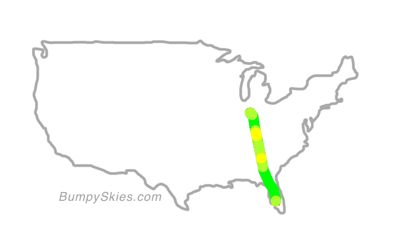 Map of continental US with illustrated flight path and turbulence forecast (described in text below)