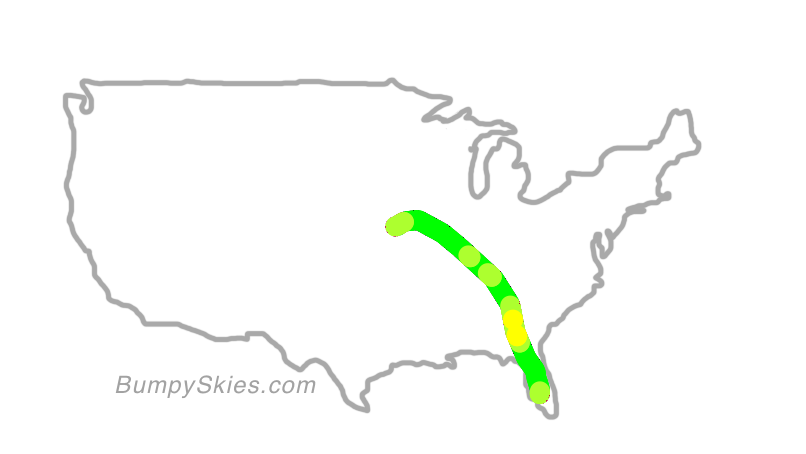 Map of continental US with illustrated flight path and turbulence forecast (described in text below)