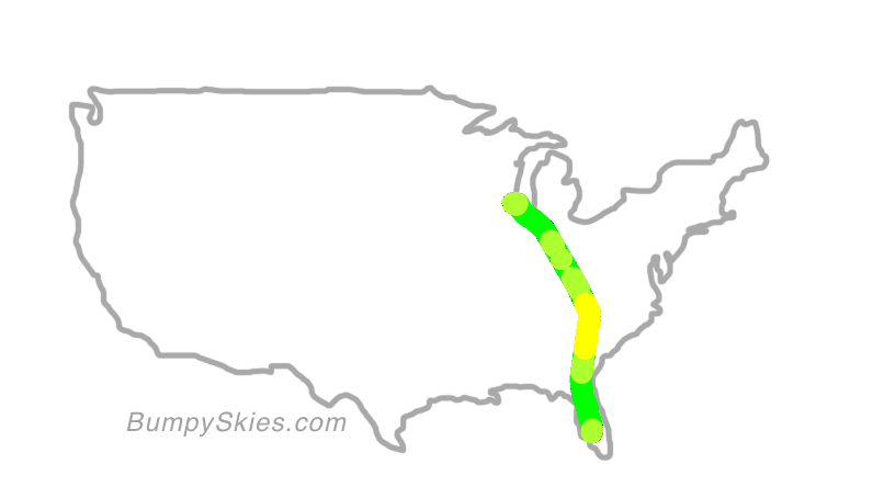 Map of continental US with illustrated flight path and turbulence forecast (described in text below)