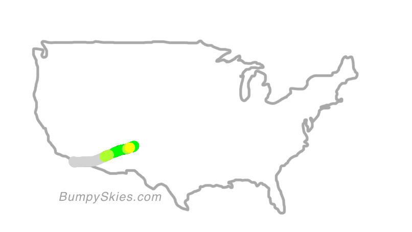 Map of continental US with illustrated flight path and turbulence forecast (described in text below)