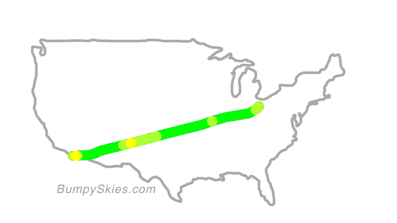 Map of continental US with illustrated flight path and turbulence forecast (described in text below)