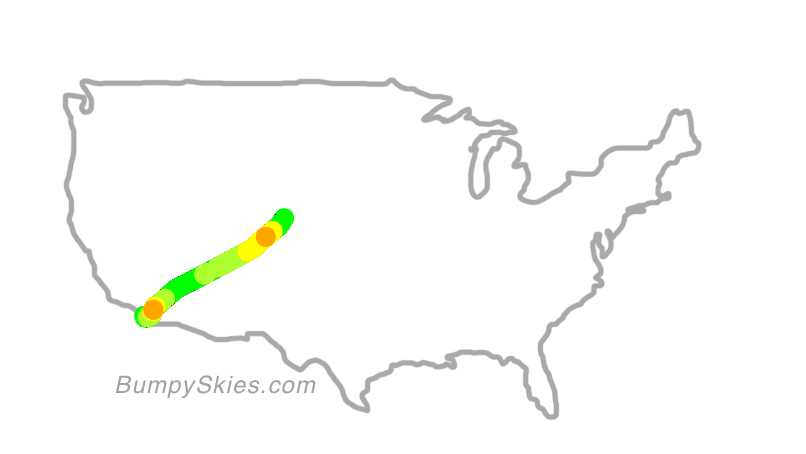 Map of continental US with illustrated flight path and turbulence forecast (described in text below)