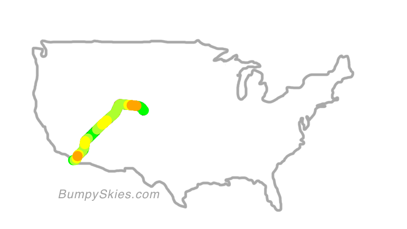 Map of continental US with illustrated flight path and turbulence forecast (described in text below)