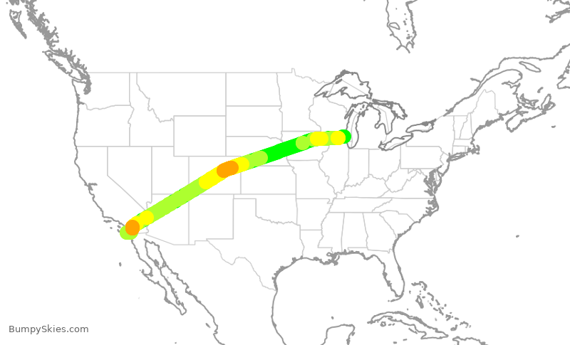Turbulence forecast map for SWA3396, SAN to MKE