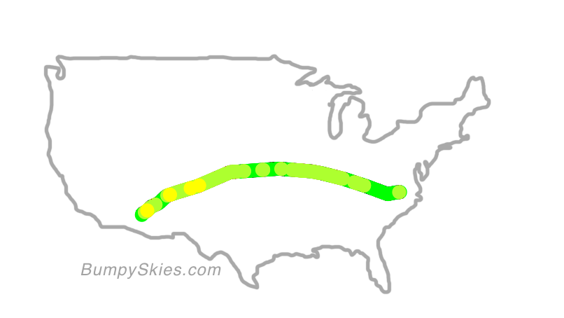 Map of continental US with illustrated flight path and turbulence forecast (described in text below)